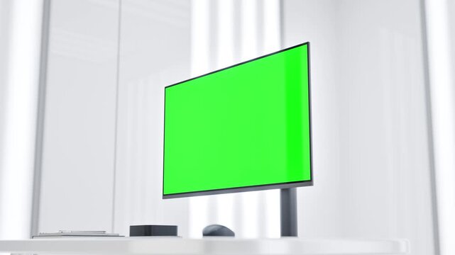 PC Computer with Green Screen Monitor Mockup in Modern Lab Workspace
