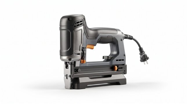 Gray and black electric staple gun with orange trigger and adjustments, power cord with plug, heavy-duty upholstery stapler tool isolated on white background for construction.