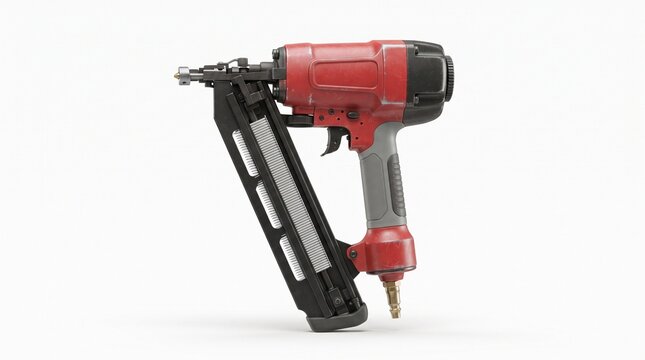 Red and black pneumatic framing nail gun with angled magazine loaded with nails, trigger grip, air fitting at base, heavy-duty construction tool isolated on white background.