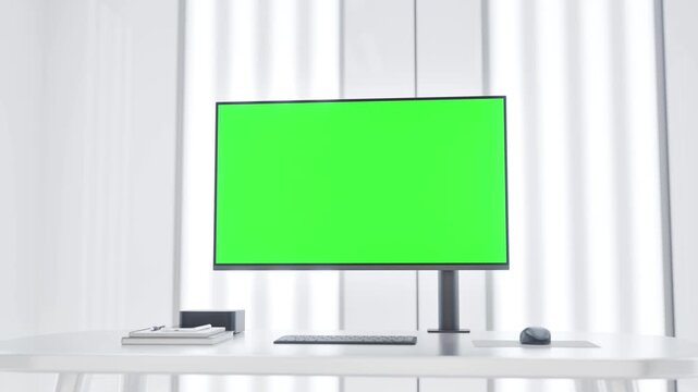 PC Computer with Green Screen Monitor Mockup in Modern Lab Workspace