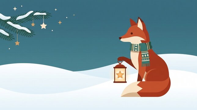 a cute vector fox holding a lantern in a snowy landscape for a christmas greeting