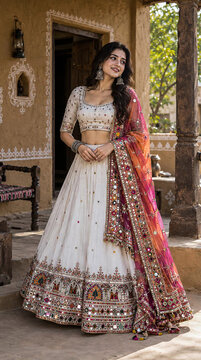 A stunning woman in an exquisite cream lehenga choli, featuring intricate mirror work and traditional embroidery. Paired with a vibrant pink and orange gradient dupatta, she radiates festive charm.
