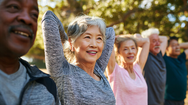 ultra photorealistic documentary photograph of a small group of diverse older adults participating in a gentle outdoor community wellness class in a public park, natural stretching movements,