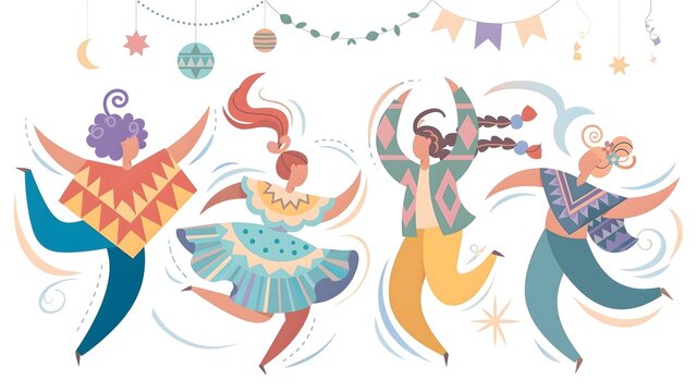 Dynamic Alegria flat vector illustration of stylized faceless figures with flowing hairstyles dancing in festive attire under hanging colorful Christmas ornaments and decorations on clean background