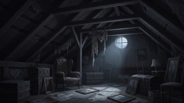 Abandoned dusty attic featuring antique furniture and moonlight streaming through a circular window in this mysterious atmospheric digital animation clip
