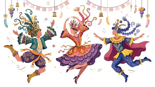 Dynamic Alegria flat vector illustration of stylized faceless figures with flowing hairstyles dancing in festive attire under hanging colorful Christmas ornaments and decorations on clean background