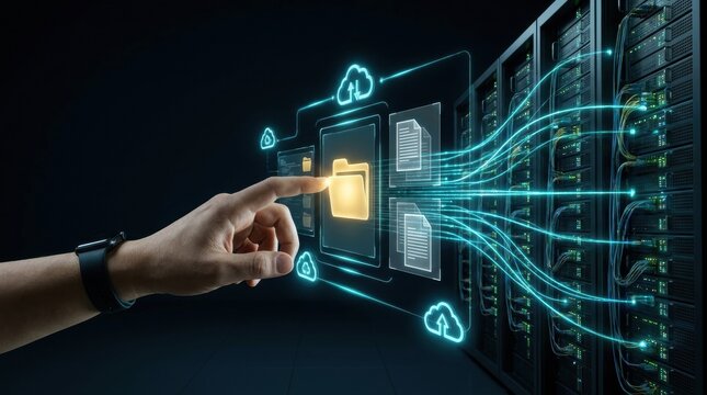Close-up of hand interacting with futuristic holographic spatial interface and digital data matrix, with elegant copy space for corporate presentation layout #10