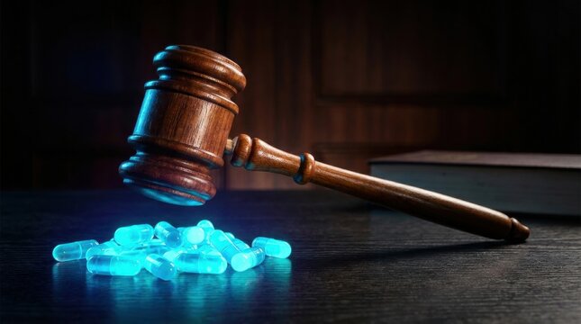 Legal jurisprudence and pharmaceutical regulation concept featuring Judge gavel over antibiotic caps on wooden court desk