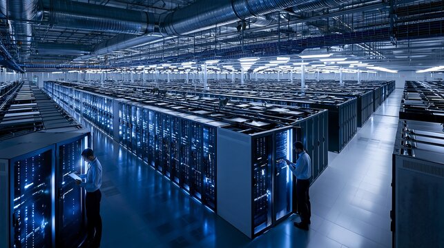 Modern server room with IT technicians maintaining hardware in a massive data center