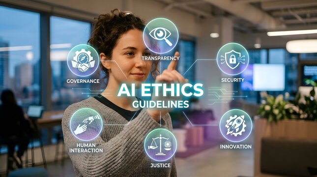 Young woman interacting with digital AI ethics interface in a modern office