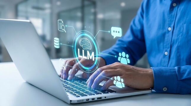 Businessman using a laptop for large language model artificial intelligence tasks