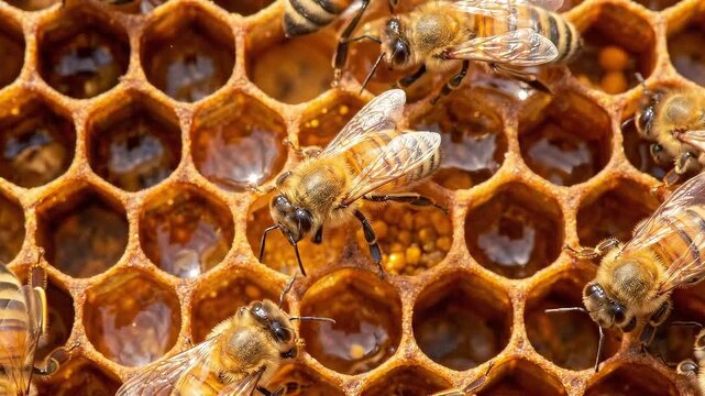 Honey bees working on honeycomb with honey and pollen. Bee colony producing honey in hive. Macro closeup of insects. Apiculture and beekeeping concept.