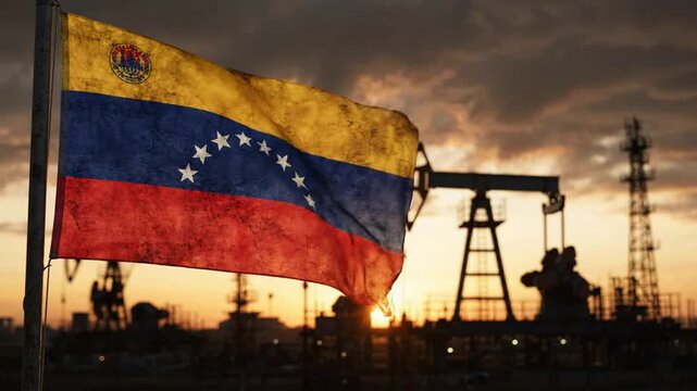 Venezuelan flag waving against oil pumpjack silhouette at sunset: energy industry and economic concept