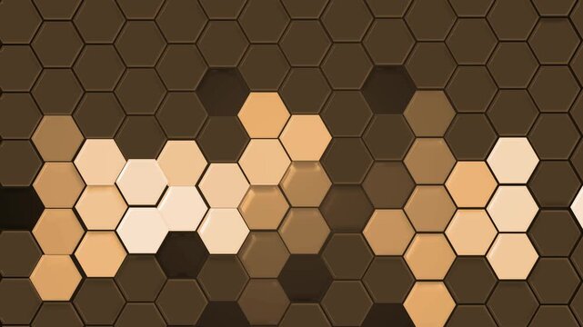 Monochrome hexagonal tile pattern background animation, hexagonal tile pattern with lighter hexagons forming abstract shapes against darker background