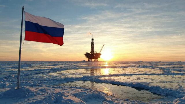 Russian flag waving over arctic oil rig at sunset: offshore drilling and energy industry concept