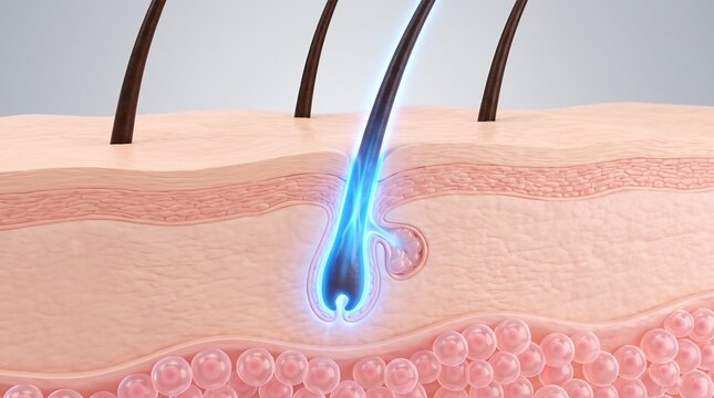 Detailed illustration of a human hair follicle with glowing root and skin layers in anatomical detail