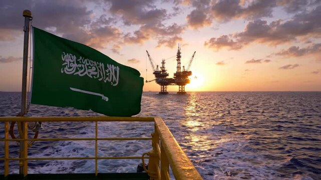 Saudi arabia flag waving on offshore oil rig platform at sunset, energy industry concept petroleum