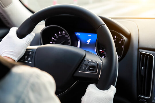 Luxury SUV Interior Driver View at Sunset Urban Road