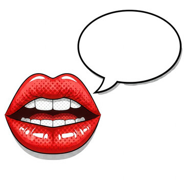 Pixel art red lips with an empty speech bubble for communication isolated on transparent background