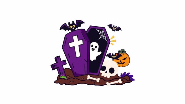 Halloween Graveyard with Haunted Coffin, Ghost, Skull, Pumpkin and Bats Animation Transparent background on alpha channels