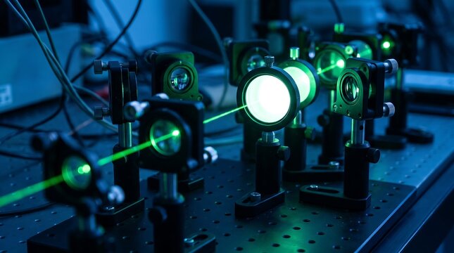 Multiple green laser beams emitting from optical equipment in a scientific laboratory setting