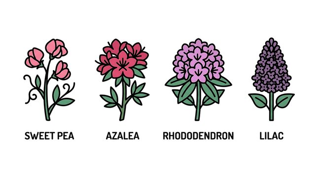 Collection of four distinct flowering plants including sweet pea azalea rhododendron and lilac in a simple flat vector illustration style ideal for botanical designs