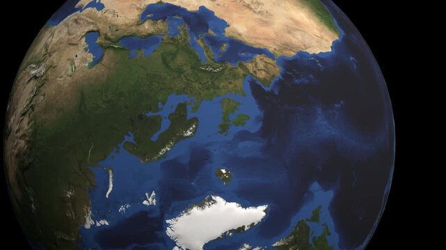 Cinematic flyover animation of planet Earth in space focusing on the North Pole, Arctic Ocean, and Greenland ice caps.