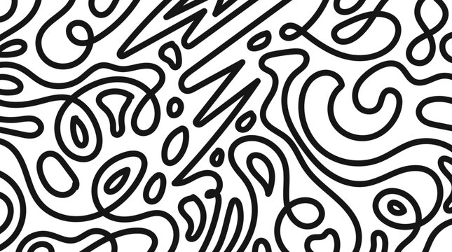 Hand drawn black and white doodle pattern featuring continuous swirling lines and organic shapes