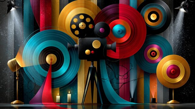 A colorful digital illustration of a vintage movie camera on a tripod surrounded by vinyl records and film reels against a.