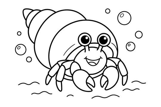 Cute cartoon hermit crab character for kids coloring page featuring a fun colours element design for creative artistic activity