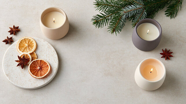 Minimalist new year composition with glowing candles, dried citrus, star anise and evergreen branches on a neutral background with copy space
