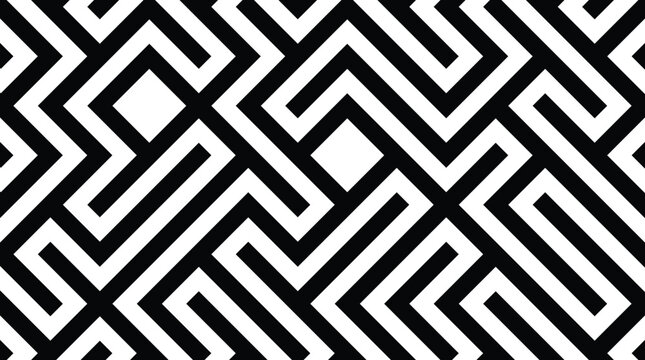 Monochrome seamless pattern featuring interlocking geometric maze lines in black and white colors