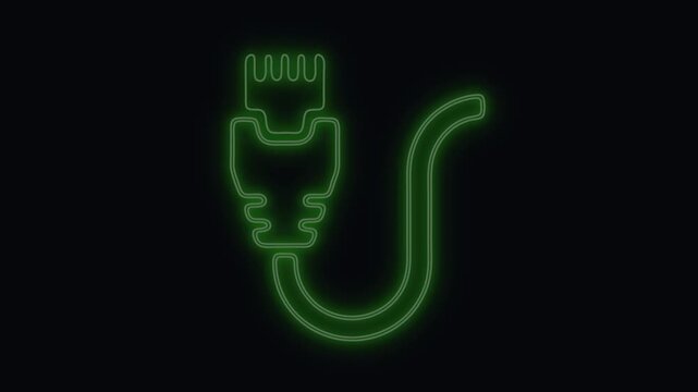 Ethernet cable glowing with a bright green neon light against a dark background representing network connectivity.