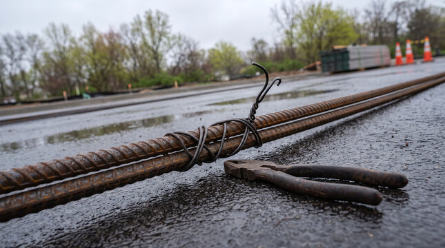 Pliers beside rebar rods spliced at lap joint