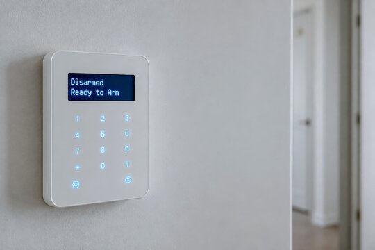 Modern security keypad mounted on wall showing disarmed system status.