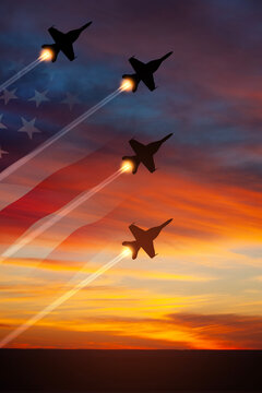 Air Force Day. Aircraft silhouettes on background of sunset with a transparent American flag. Vertical poster.