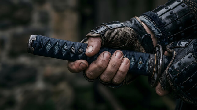 A powerful close-up captures a samurai warrior's hands firmly gripping the intricately designed hilt of a traditional Japanese katana sword. It highlights the detailed craftsmanship of the weapon a...