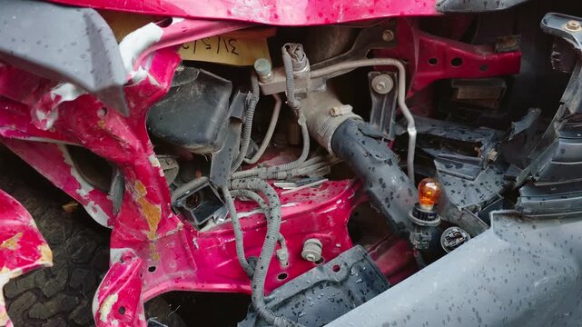 Crushed front section of damaged car with exposed wiring and structural components. Close-up vehicle collision damage with bent metal frame and broken body panels. Wrecked automobile after traffic