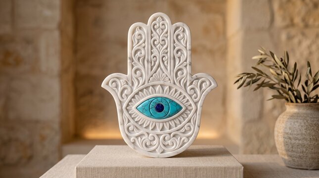 Ornate white marble Hamsa hand with turquoise evil eye, traditional Middle Eastern protective amulet, spiritual home decor on stone background
