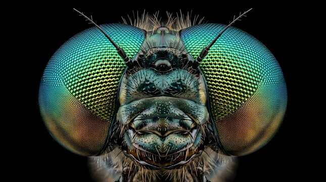 Macro view showing the complex compound eyes of a dragonfly highlighting the hexagonal structure and iridescent blue green coloration that allows for incredible vision while hunting in the wild