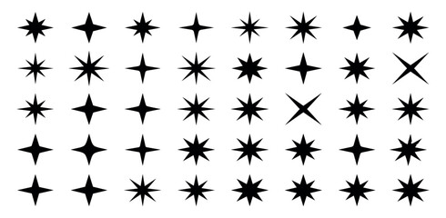 Plakat Sparkles, stars and bursts icons, twinkling stars.Vector set of different black sparkles icons on transparent background. Vector illustration 