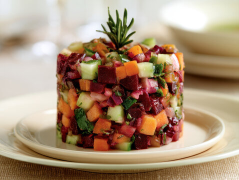 Cylindrical beetroot and vegetable salad plated with rosemary.