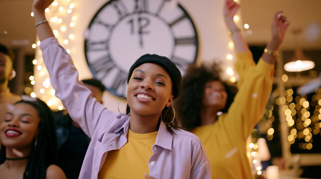 Young woman celebrating new year with friends at a festive party, smiling and dancing near a midnight clock surrounded by glowing lights