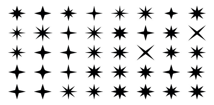 Sparkles, stars and bursts icons, twinkling stars.Vector set of different black sparkles icons on transparent background. Vector illustration	