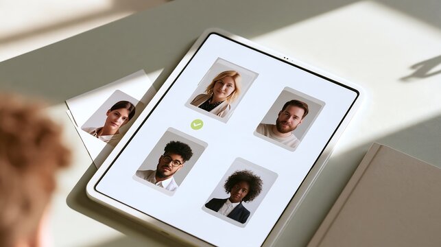 Modern tablet displaying employee profile pictures and ID badges on office desk