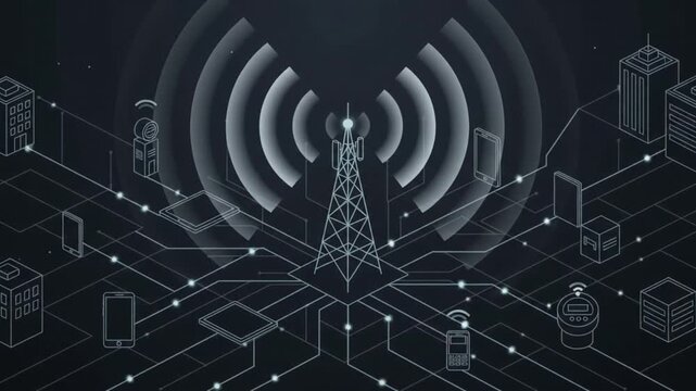 Communication tower emitting digital radio signals across connected urban devices in this smooth 3d motion graphic technology animation video clip