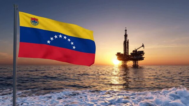 Venezuela flag waving at sea with offshore oil rig platform at sunset, energy industry and petroleum production concept