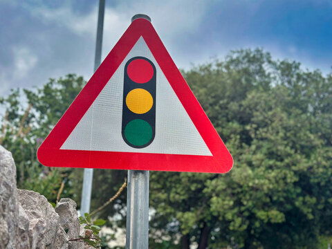 UK Traffic Light Signals Ahead Warning Road Sign Close Up
