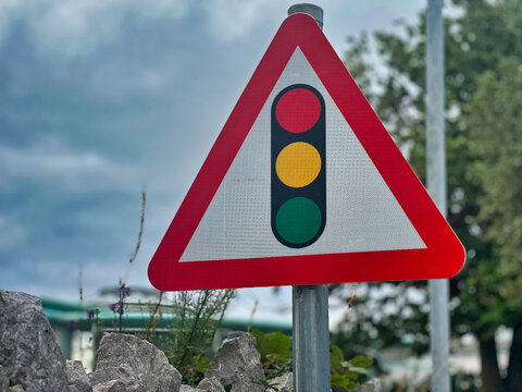 UK Traffic Light Signals Ahead Warning Road Sign Close Up