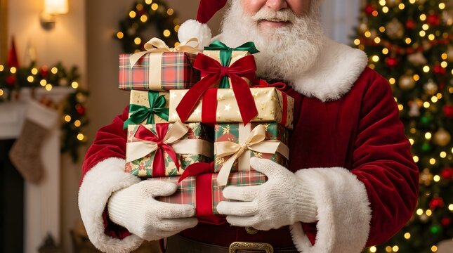 Santa claus holding a stack of beautifully wrapped christmas presents in front of a decorated holiday tree